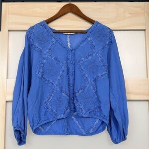 Alice + Olivia Blue Linen Blend Embroidered Boho Button Front Blouse L
